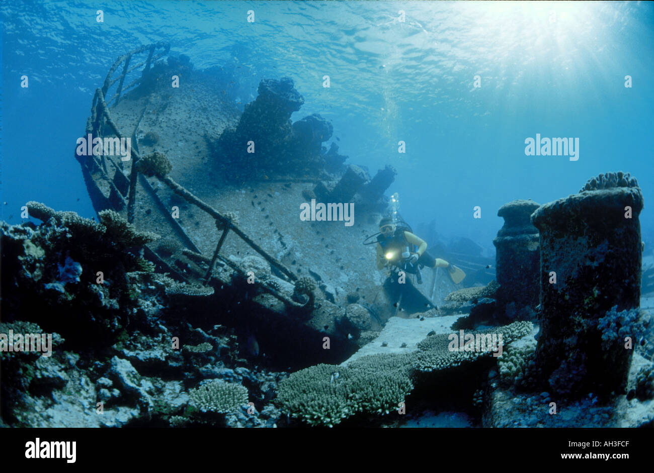 Diver explores the wreckage of the Kormoran Stock Photo