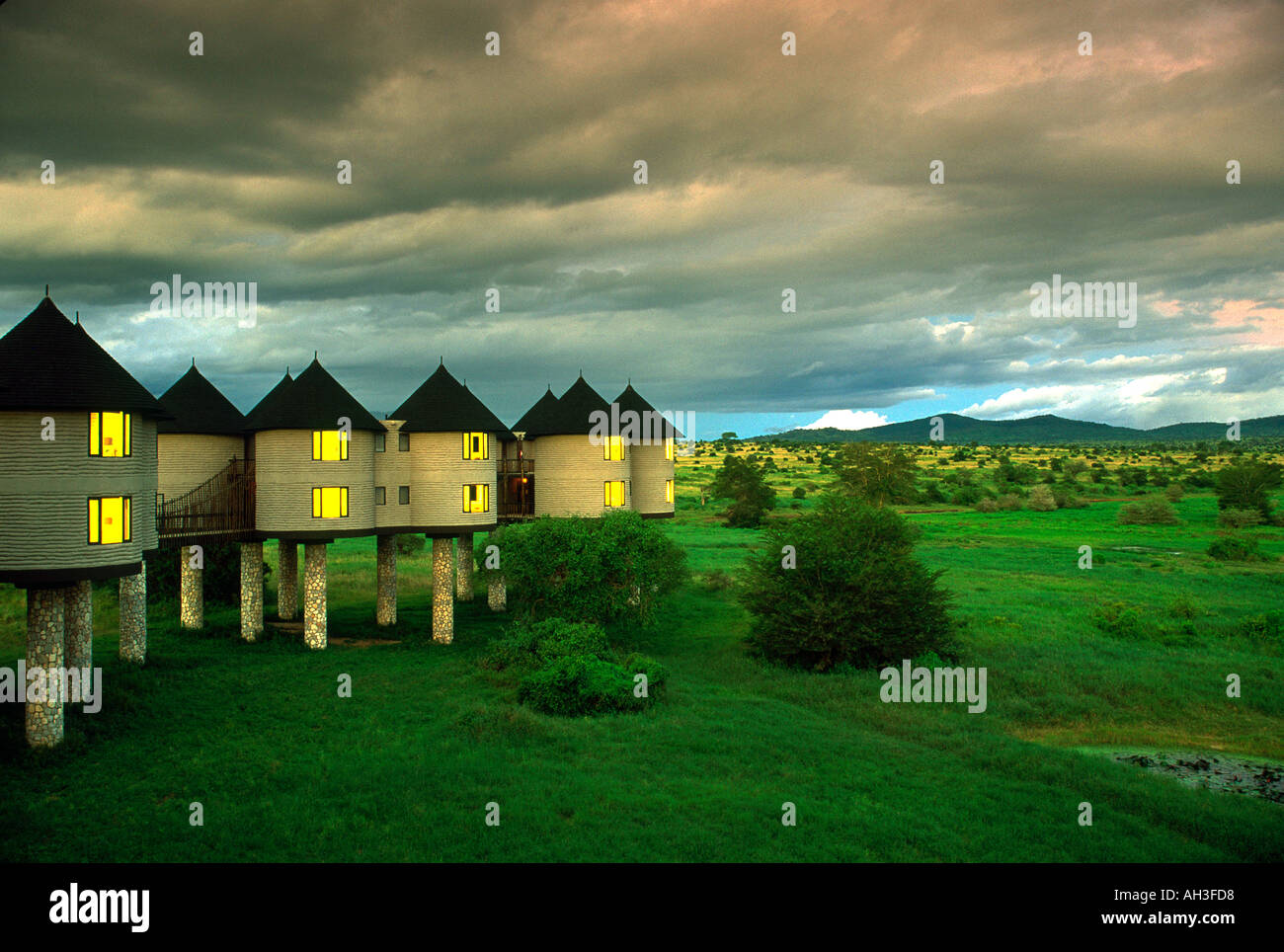 Taita Hill Salt Lick Hotel Kenya East Africa At Dusk Stock - 
