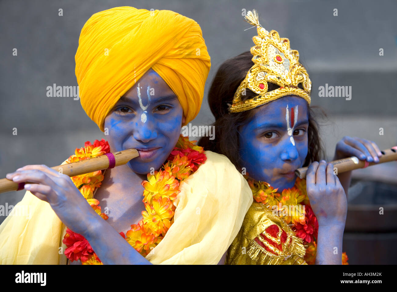 The Nandra children pose as Lord Krishna at Chariot Festival Trafalgar Square, London Stock