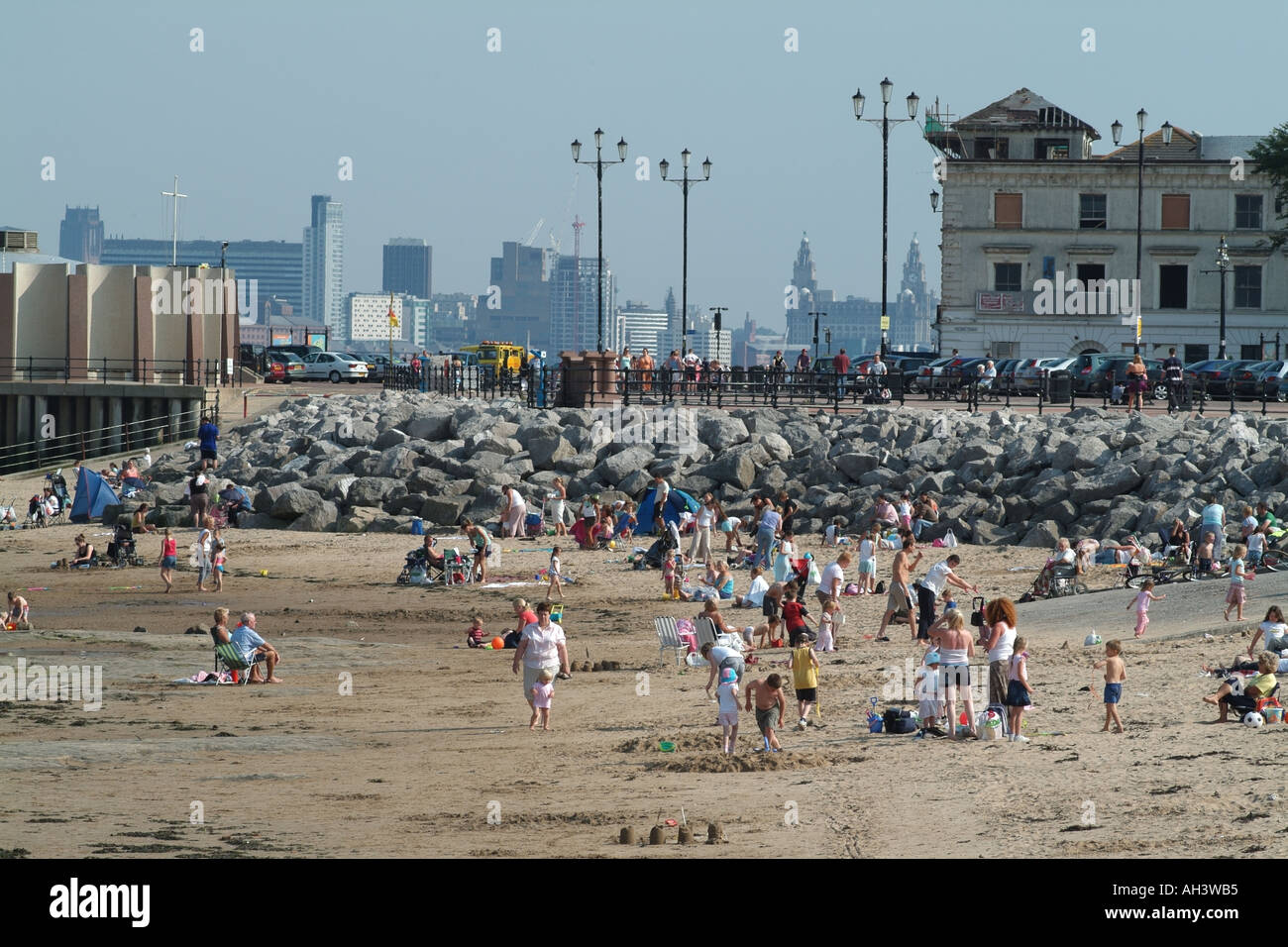 New Brighton beach Merseyside northern England background of Liverpool