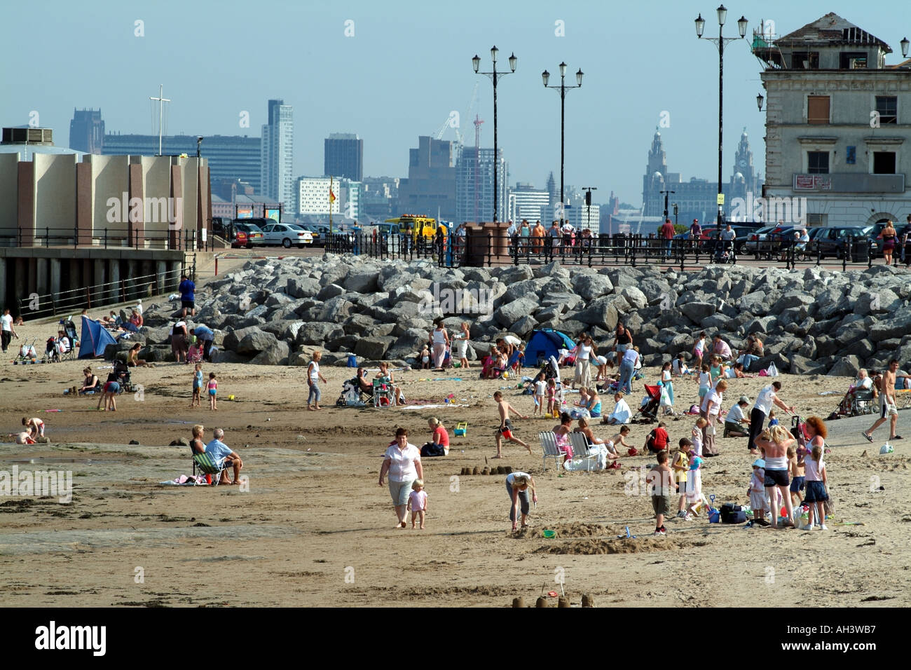 New Brighton beach Merseyside northern England background of Liverpool UK Europe Stock Photo