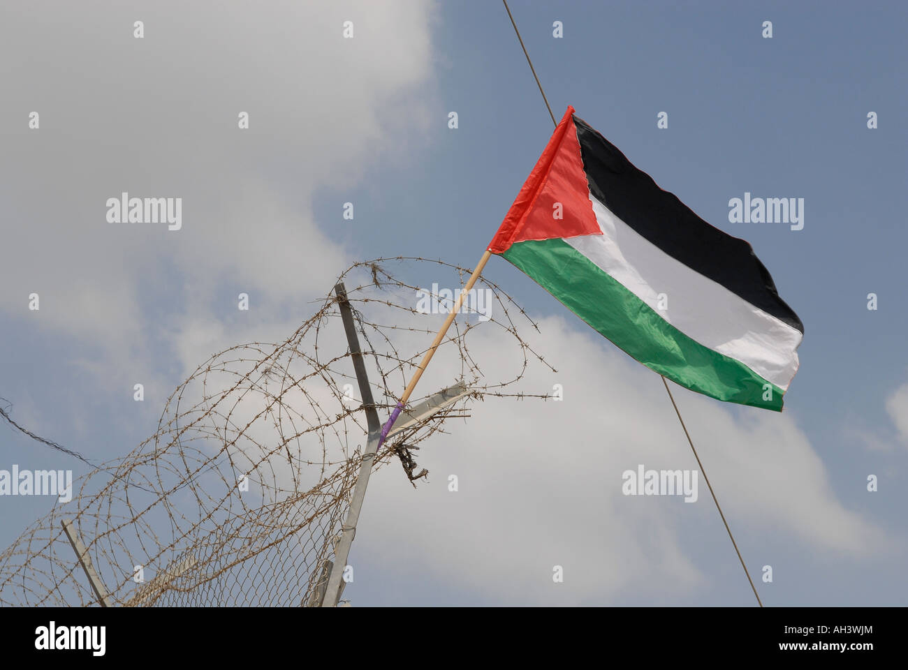Palestinian flag over barbwire fence in the West Bank Israel Stock Photo