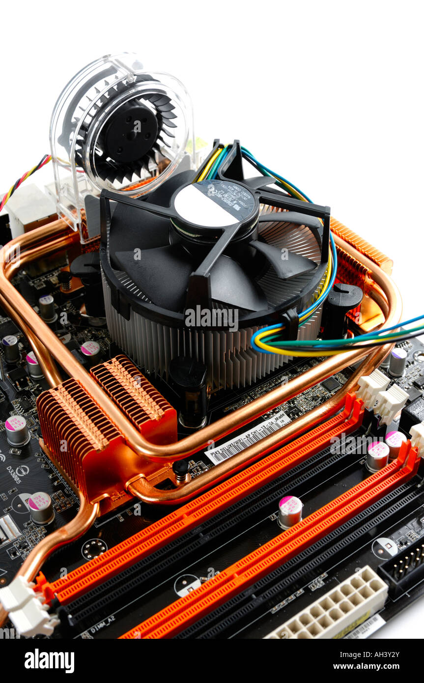 CPU cooler fan with radiator on a high end computer motherboard