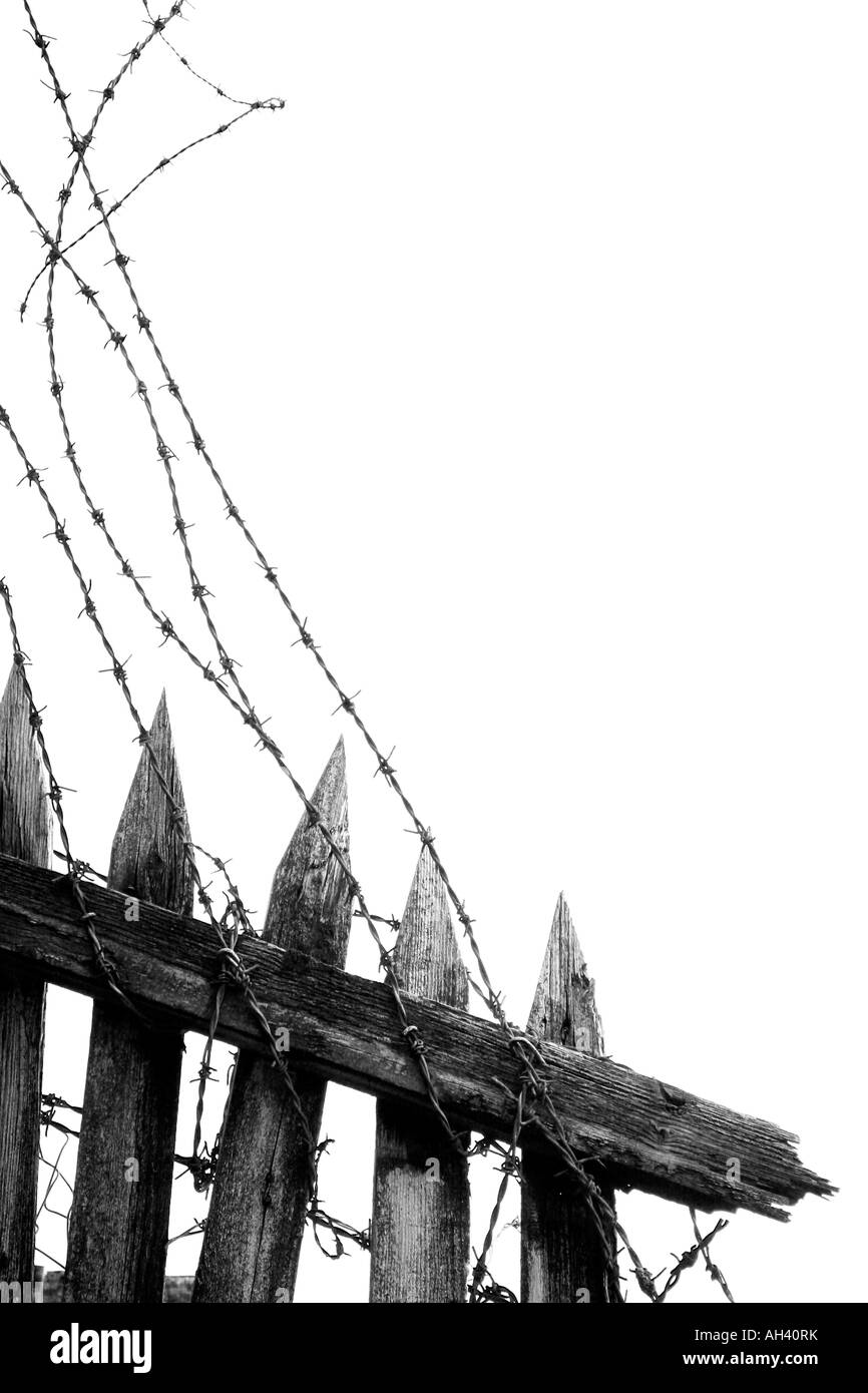 Fence wood barbed wire Black and White Stock Photos & Images - Alamy
