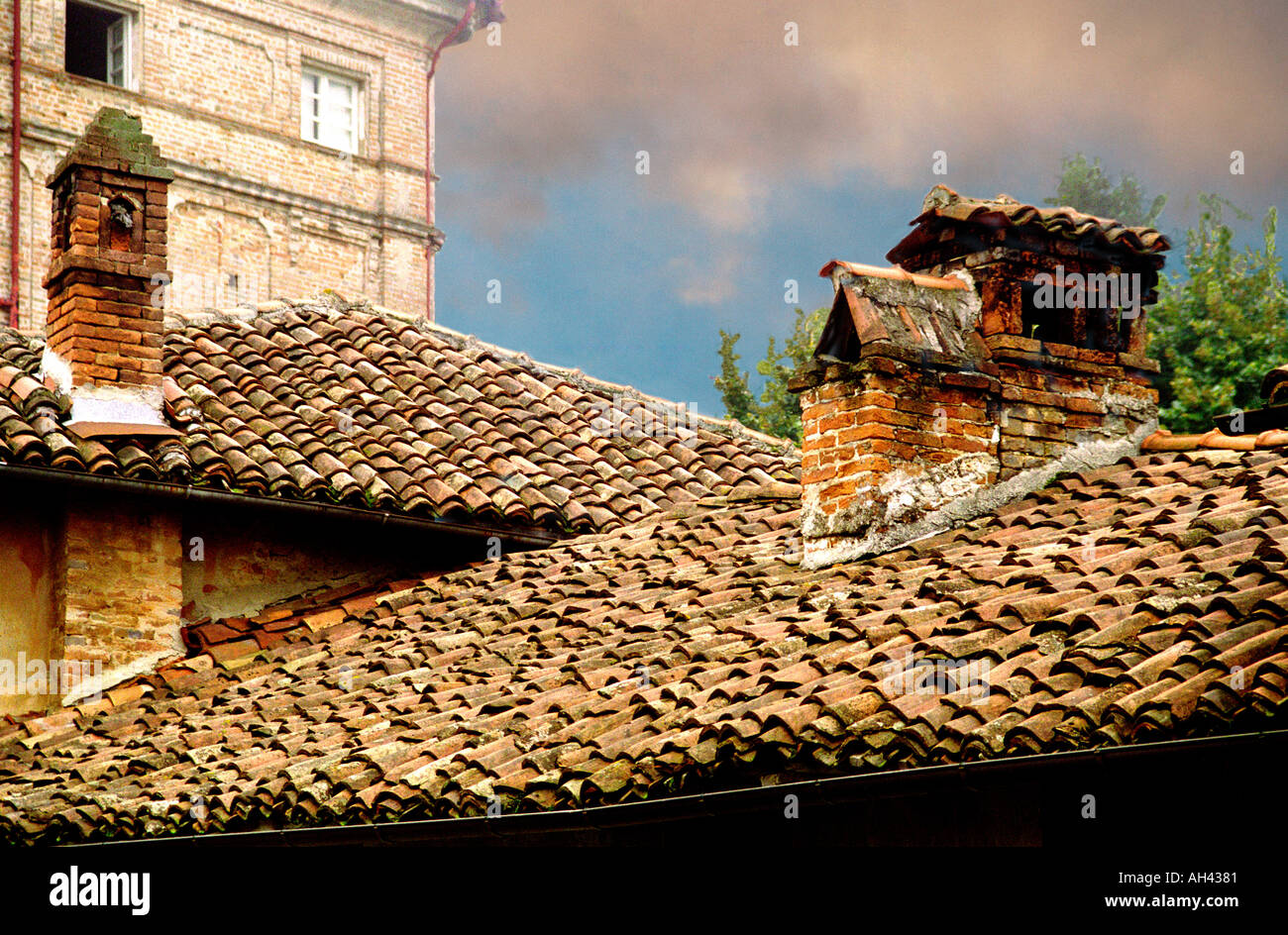 Tile roofs in Barolo Piedmonte Italy Stock Photo