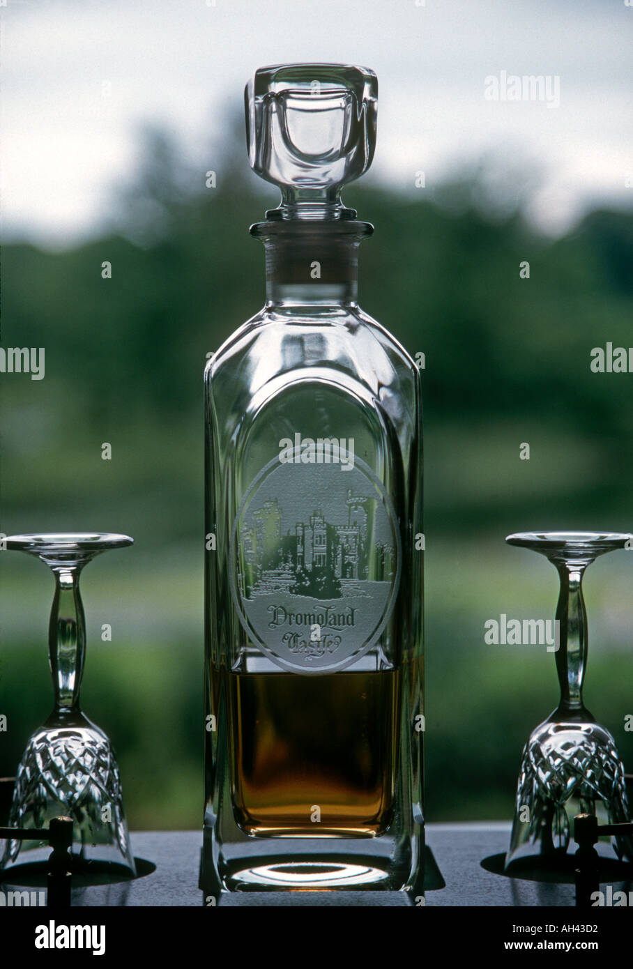 Custom etched decanter and cut glass goblets indicative of the level of luxury offered to guests