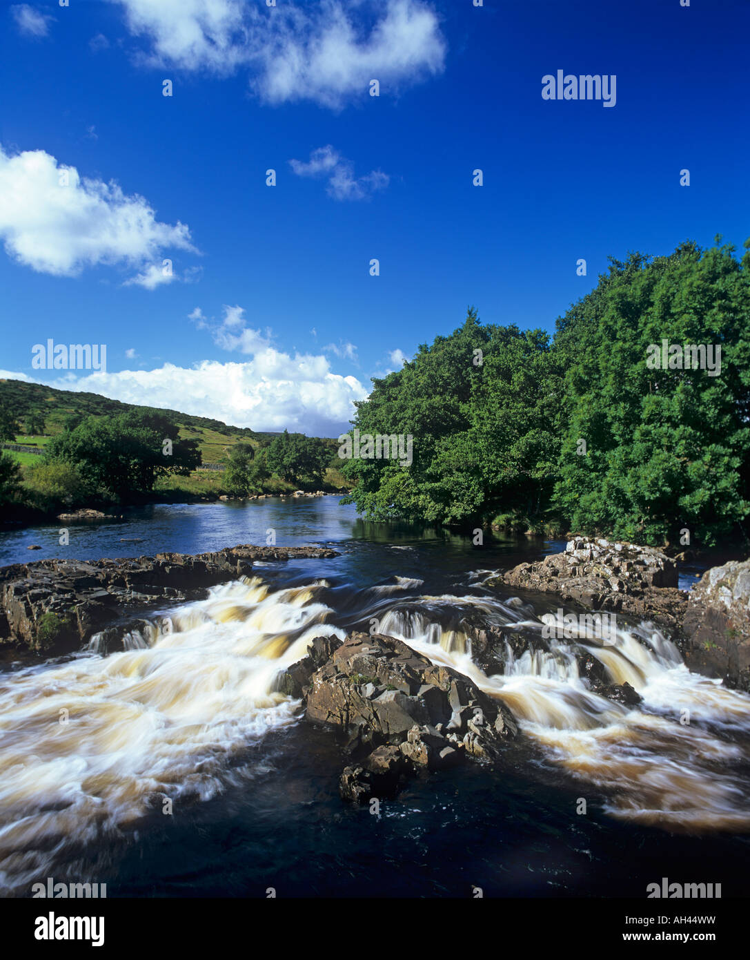 A waterfall on the River Tees between Low and High Force waterfalls in Teesdale, County Durham Stock Photo