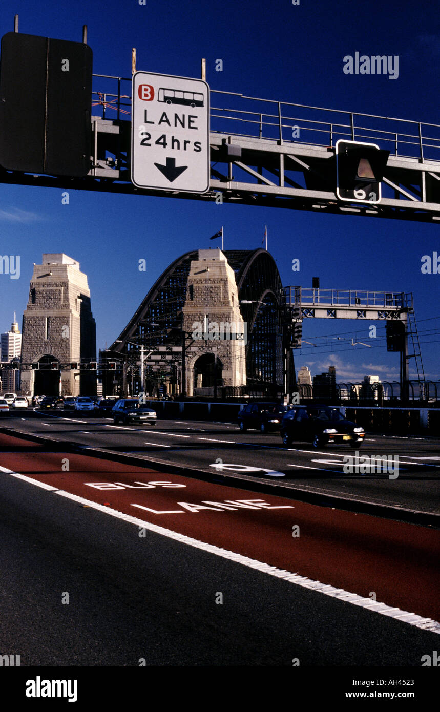 Northern side of Sydney Harbour Bridge a bus lane and sign towards it