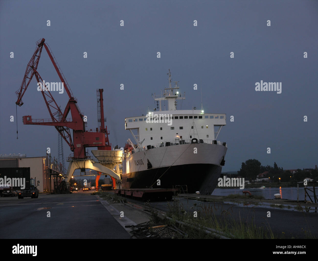 ferry and fright boat MS Vilnius in port of Luebeck Germany Stock Photo