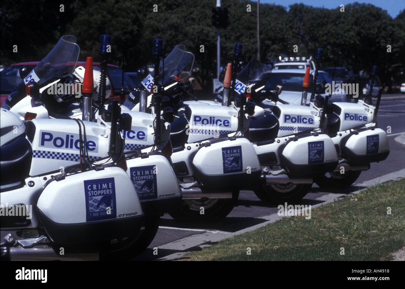 police motorcycles parked while officers have lunch 2035 Stock Photo