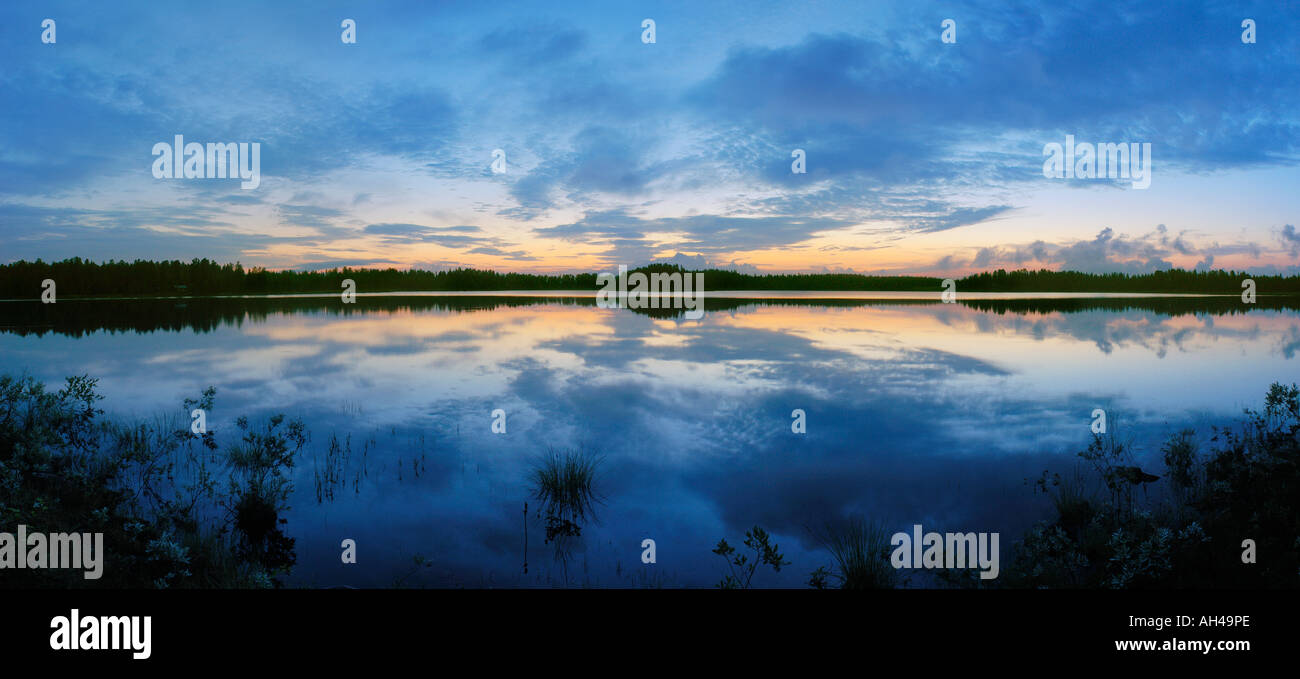 panoramic view over lake at dusk, Arvidsjaur, Norrland, Sweden Stock Photo