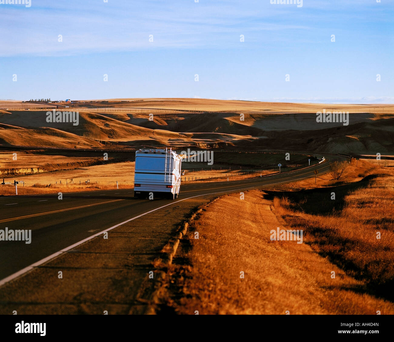 An RV travelling down the hiway Stock Photo