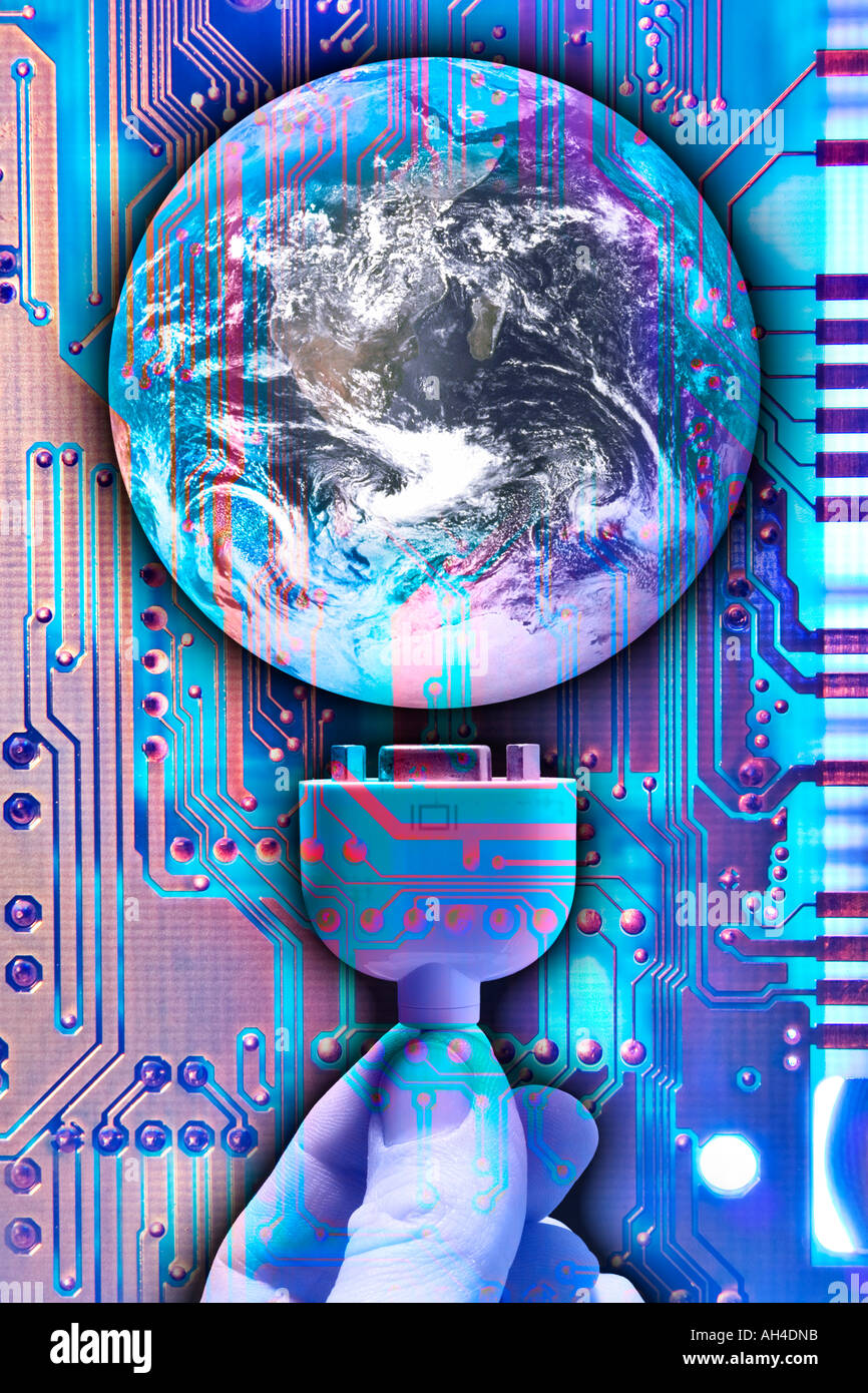 Photo illustration of plugging a computer into the earth. Stock Photo