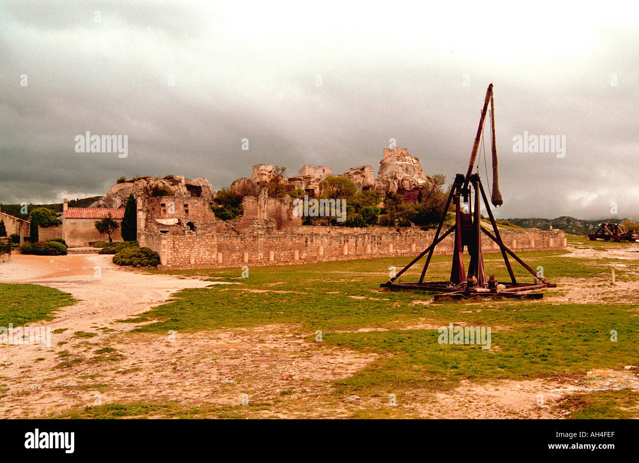 Catapult and Castle in Les Baux de Provence France Stock Photo