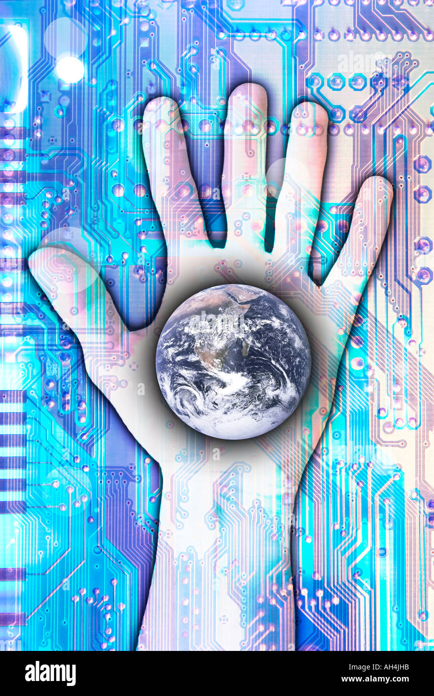 Photo-illustration / composite of a hand, earth and circuit board Stock Photo