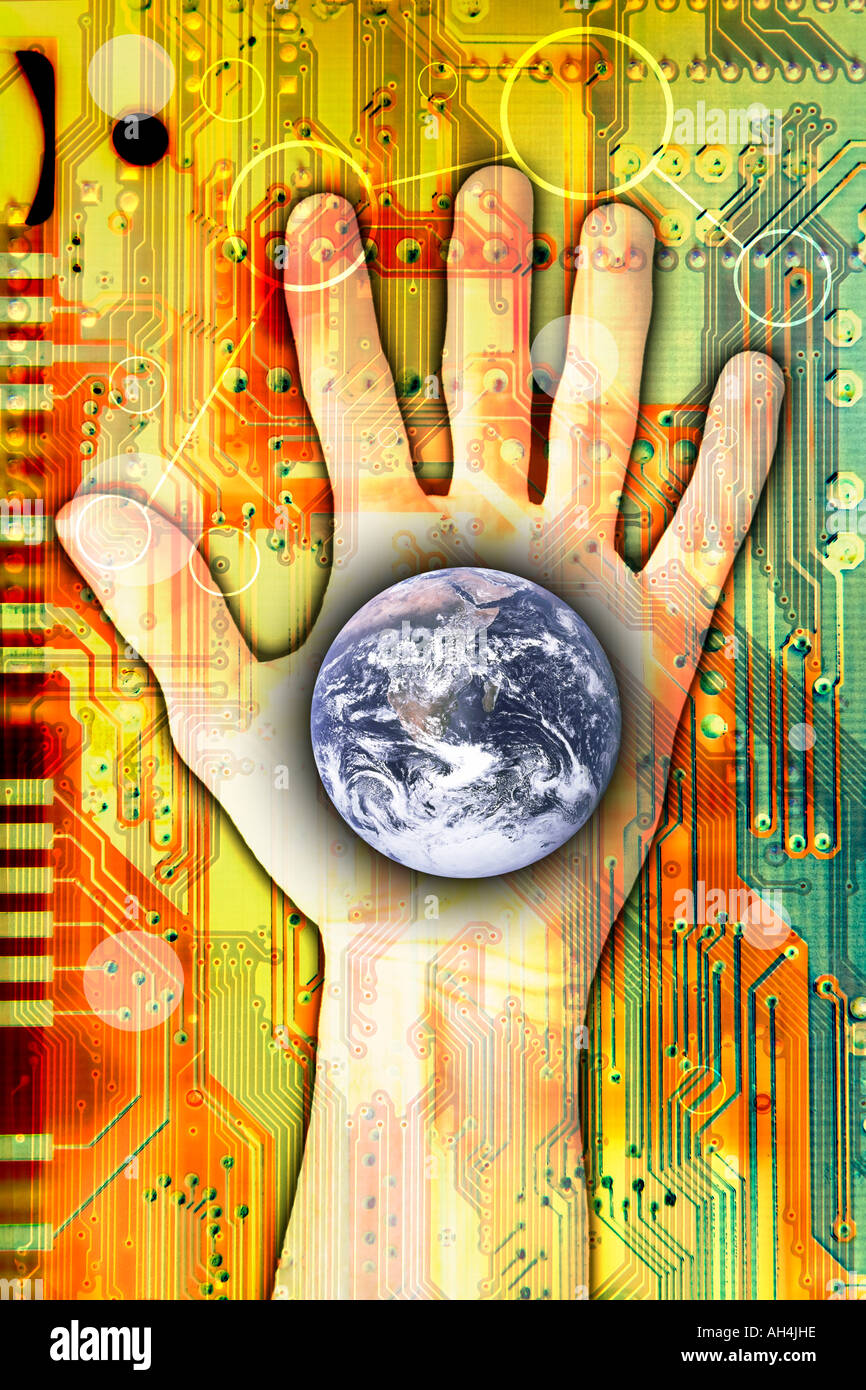 Photo-illustration / composite of a hand, earth and circuit board. Stock Photo