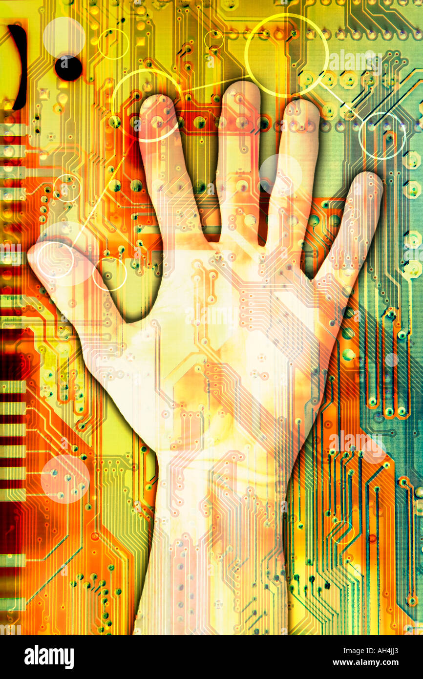 Photo-illustration / composite of a hand and circuit board. Stock Photo
