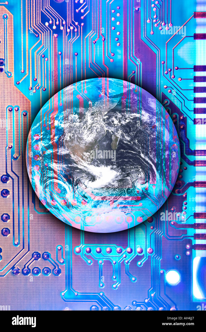 Photo-illustration / composite of the earth and a circuit board. Stock Photo