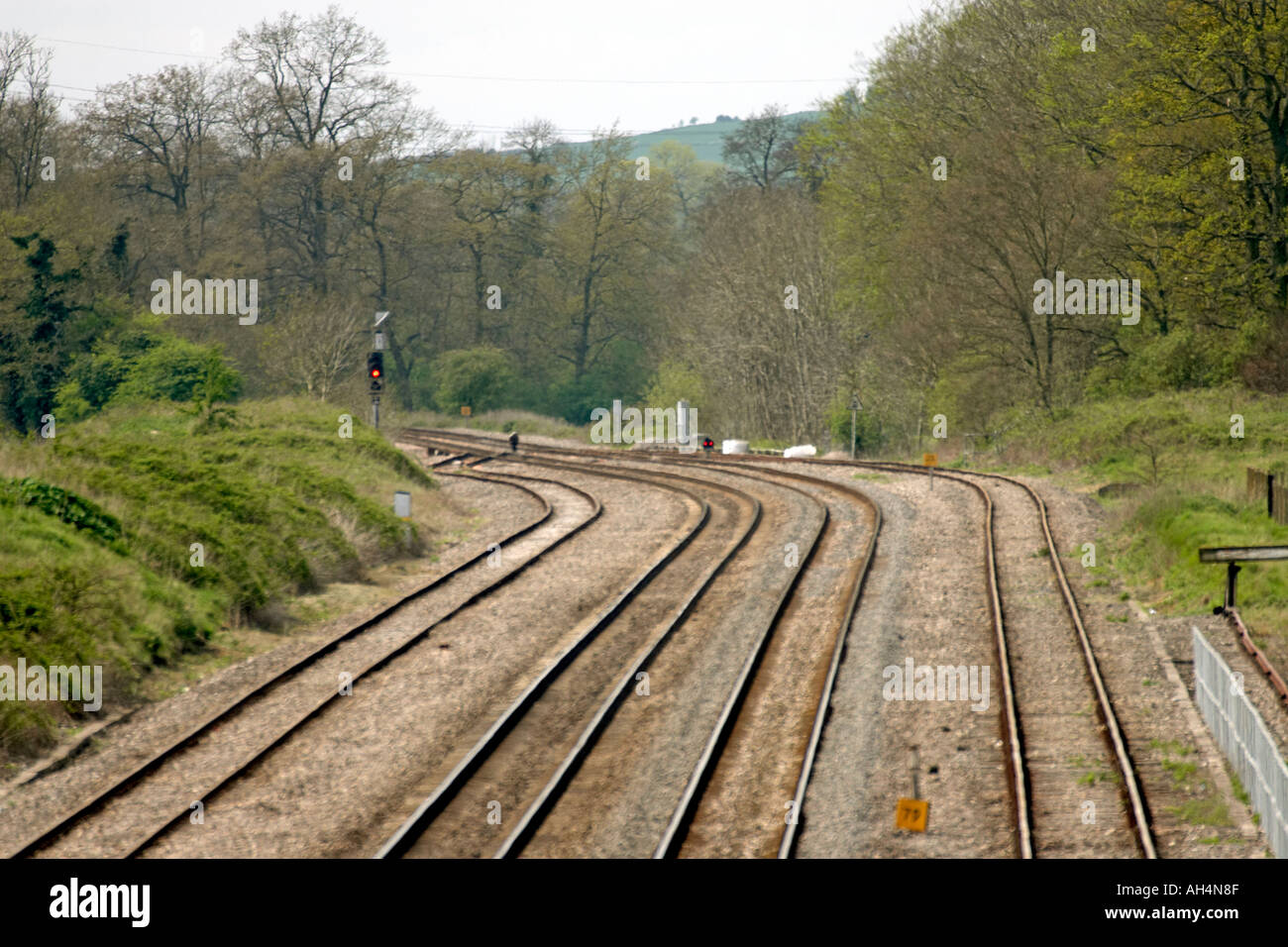 Railway lines with points red light and junctions near Honey Street in