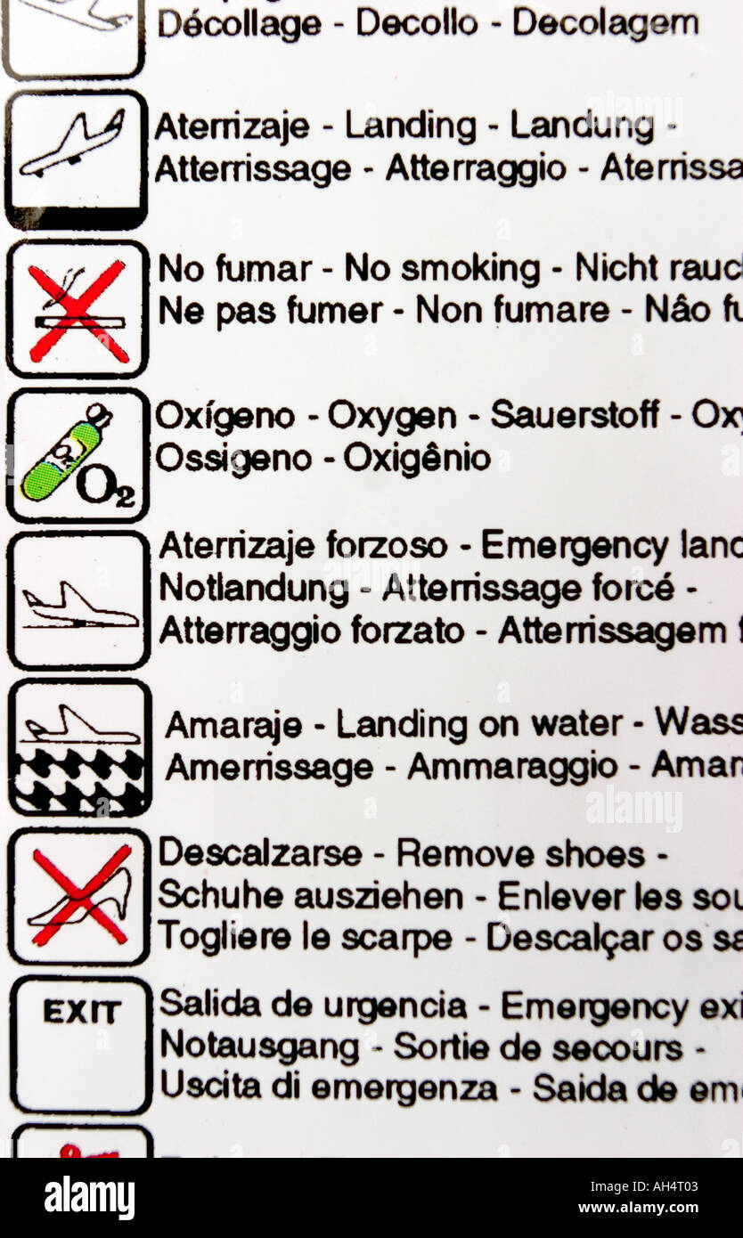 Passenger safety instructions of a plane Stock Photo Alamy