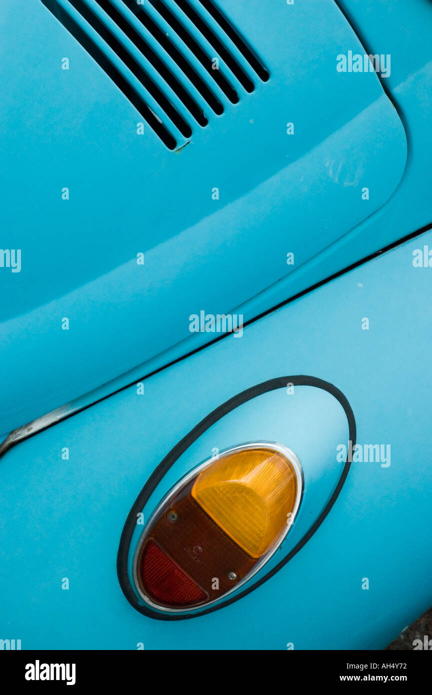 Detail of tail light and rear of turquoise volkswagen beetle Stock Photo