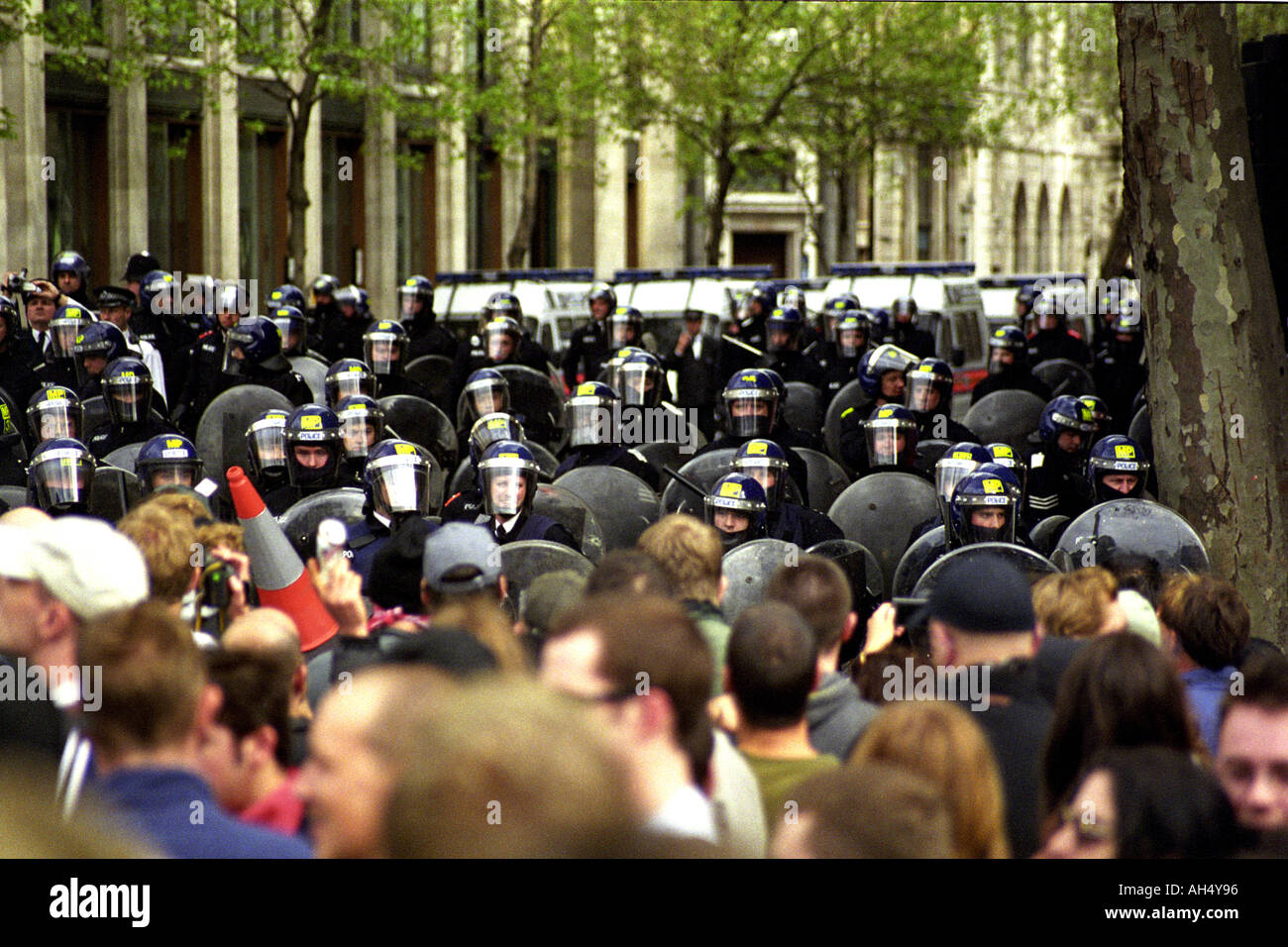 a riot at the anti capatiaist march in 2000 at Trafalger square London england Stock Photo