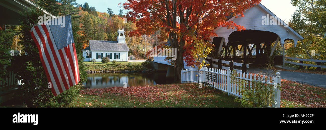 United States of America, New Hampshire, Stark Village, Church and Covered Bridge Stock Photo