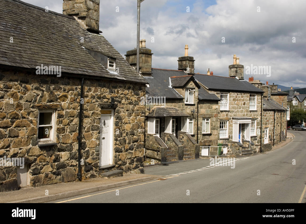 Traditional houses built of local hard stone Dolgellau snowdonia gwynedd north wales Stock Photo