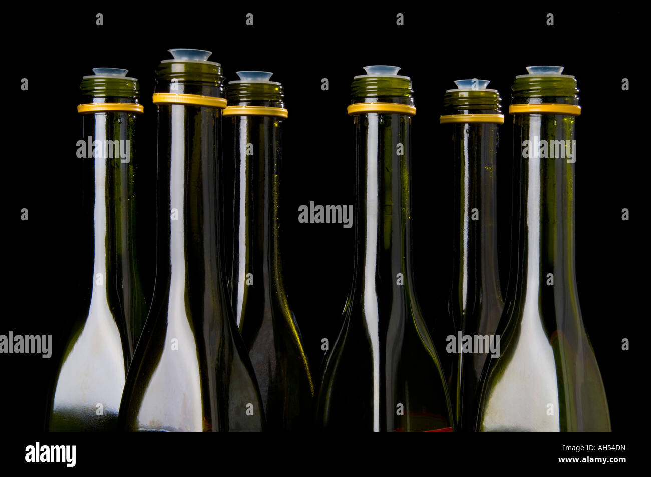 Long slim necks of olive oil bottles Stock Photo