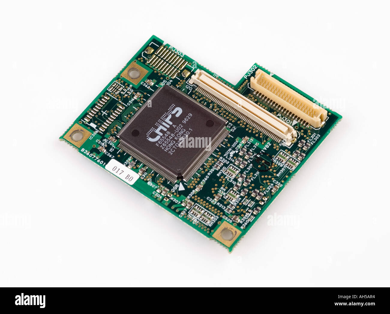 A laptop computer memory circuit board showing various electronic components Stock Photo