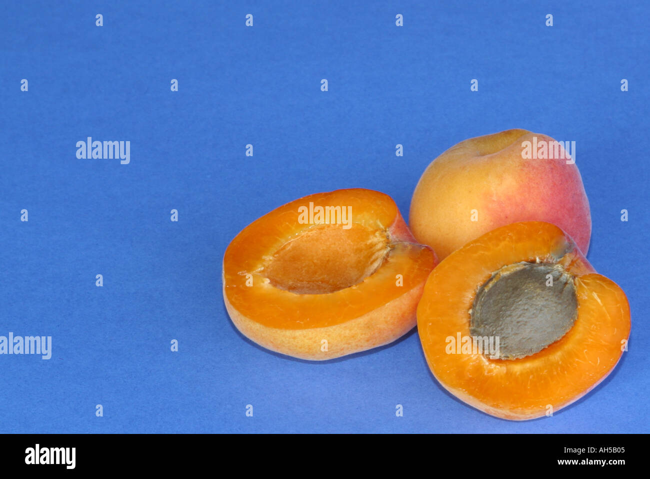 Apricots on blue background Stock Photo