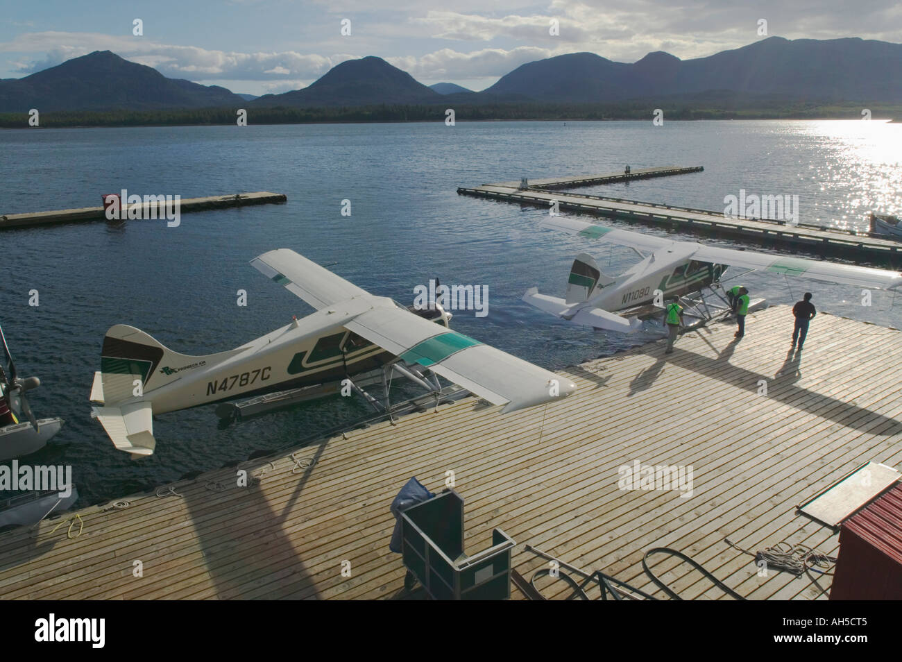 Floatplanes moored at pontoons Ketchikan Alaska USA Stock Photo Alamy