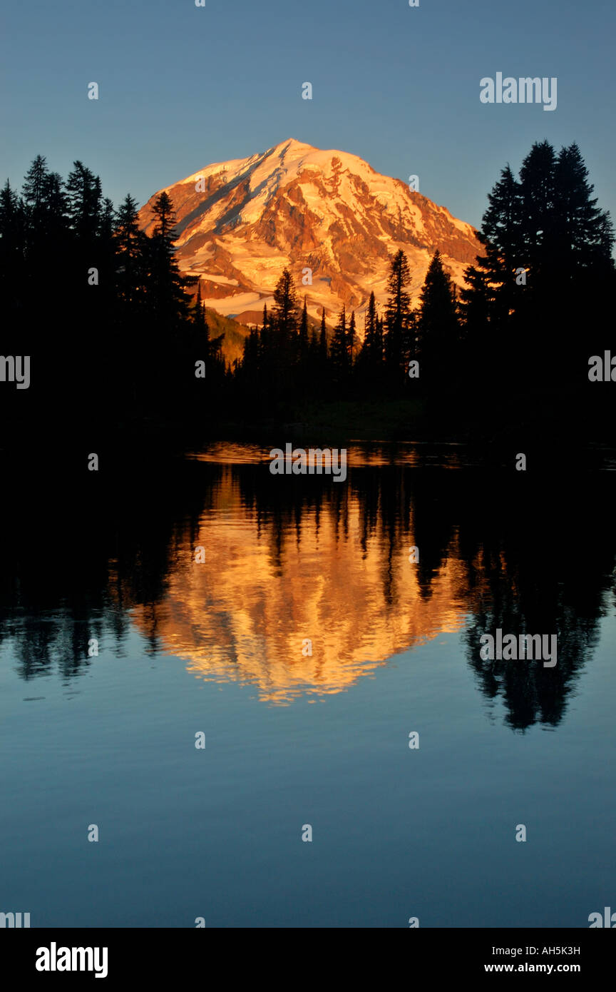 Mt. Rainier Sunset reflected in an alpine lake northwest of the