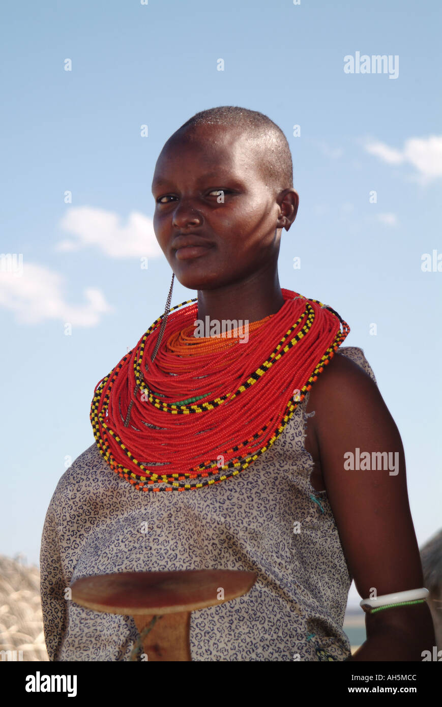 El Molo village woman with red necklace. Lake Turkana, Kenya, Africa Stock Photo