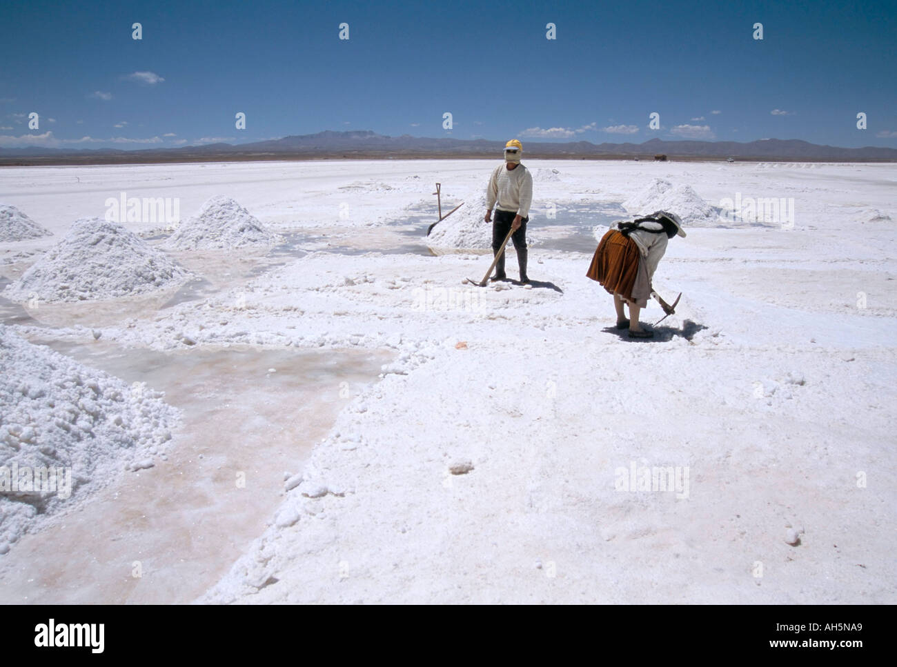 Hand working in Colchani salt pans Salar de Uyuni salt flat Southwest Highlands Bolivia South America Stock Photo