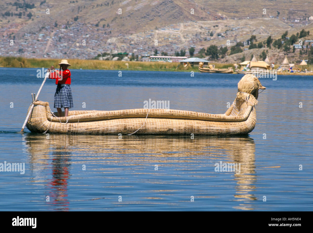 Traditional Uros Urus reed boat Islas Flotantas reed islands Lake Titicaca Peru South America Stock Photo