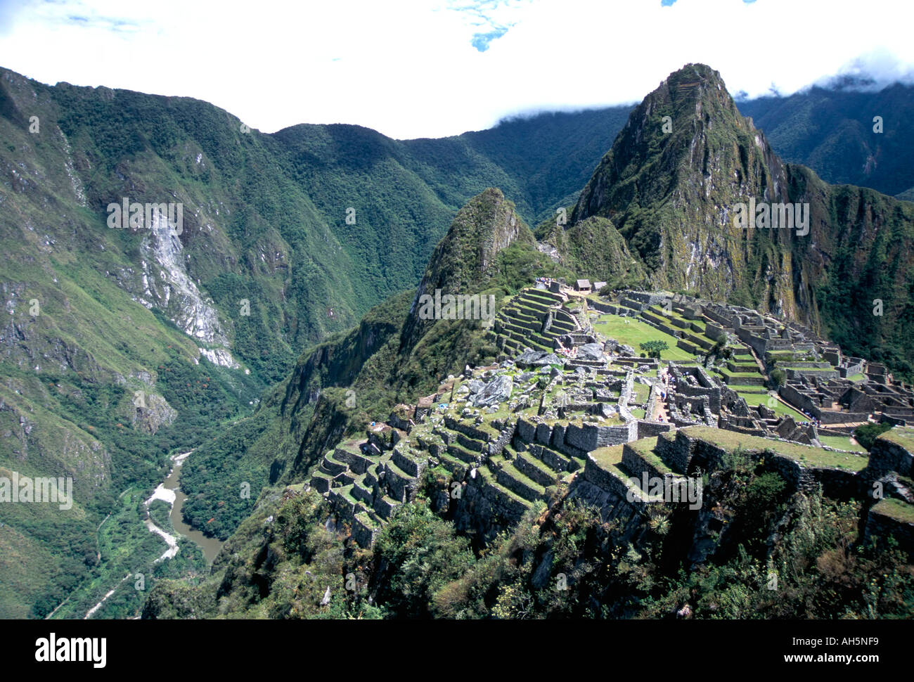 Ruins of Inca town site seen from south with Rio Urabamba below Machu Picchu UNESCO World Heritage Site Peru South America Stock Photo