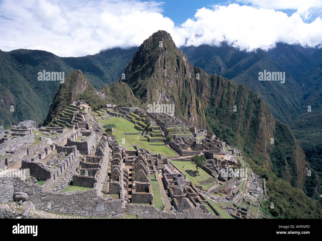 Classic view from Funerary Rock of Inca town site Machu Picchu UNESCO World Heritage Site Peru South America Stock Photo