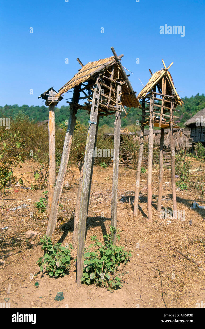 Spirit houses Kat Khammay Akha village between Luang Nam Tha and Maung Sing Laos Indochina Southeast Asia Asia Stock Photo