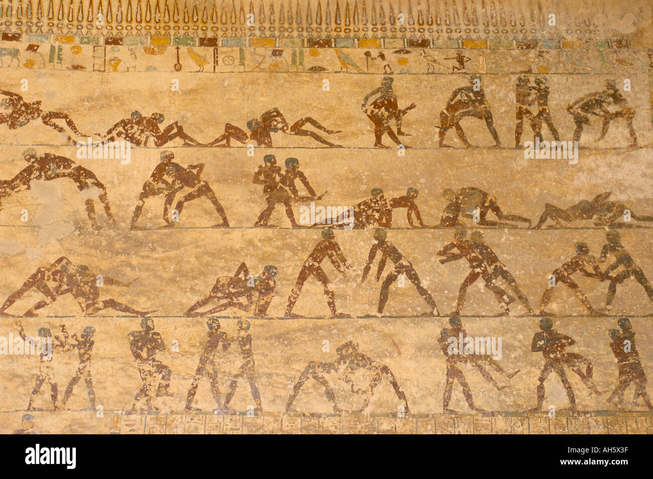 Wall paintings of wrestlers in tomb of Saqet III tombs at Beni Hassan Middle Egypt Egypt North Africa Africa Stock Photo