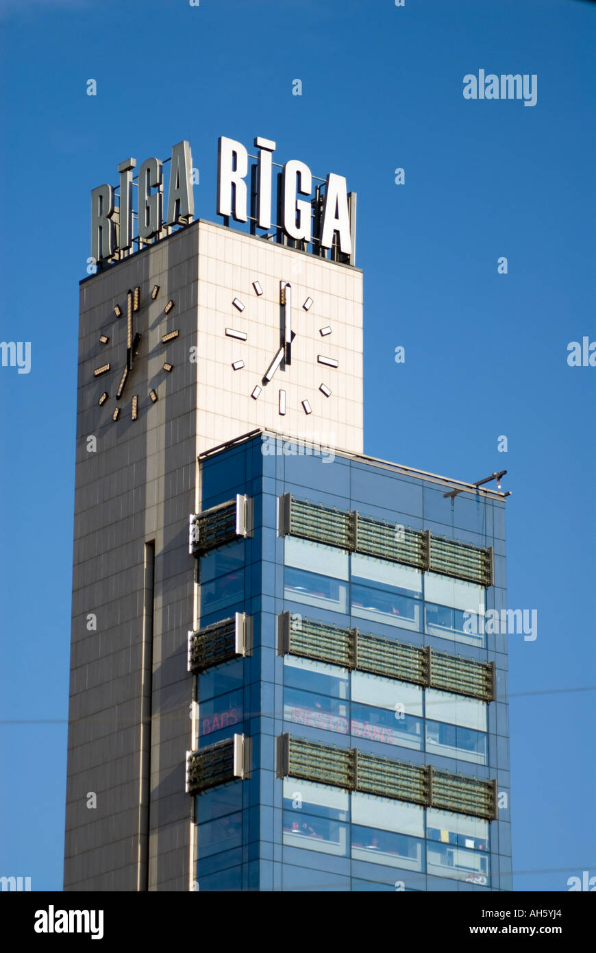 Clock atop the Central Railway Station, Riga Latvia Stock Photo