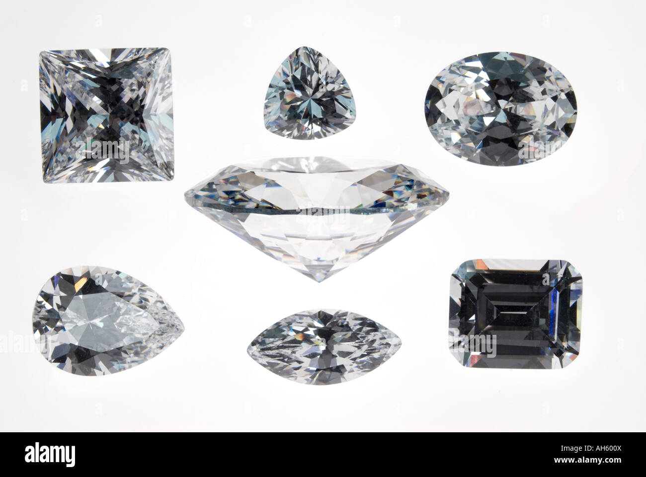 Diamonds of different cuts - Princess, Trillion, Oval, Pear, Marquise, Emerald Stock Photo