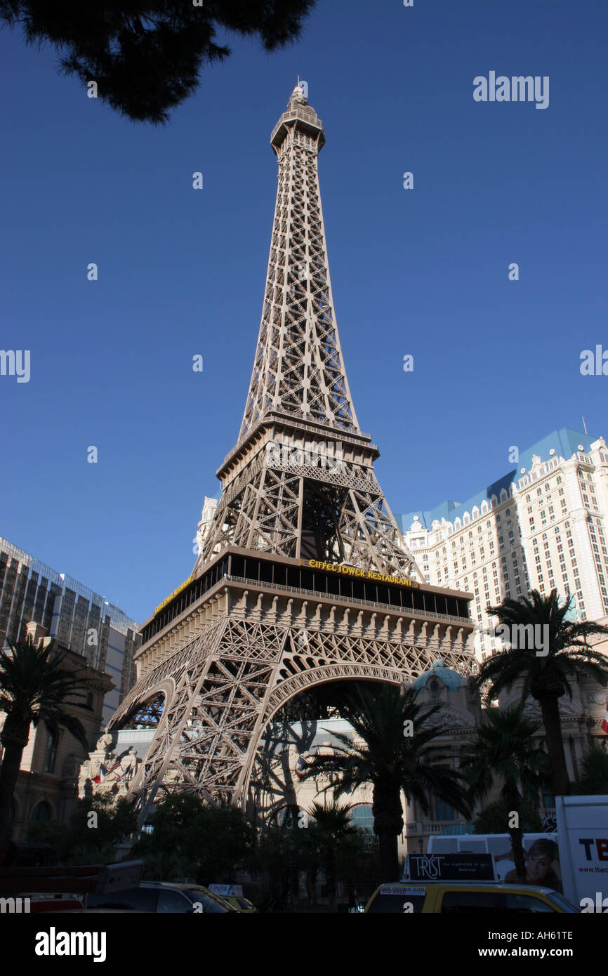 The replica Eiffel Tower outside the Paris Casino and Hotel on The Strip in Las Vegas. Stock Photo