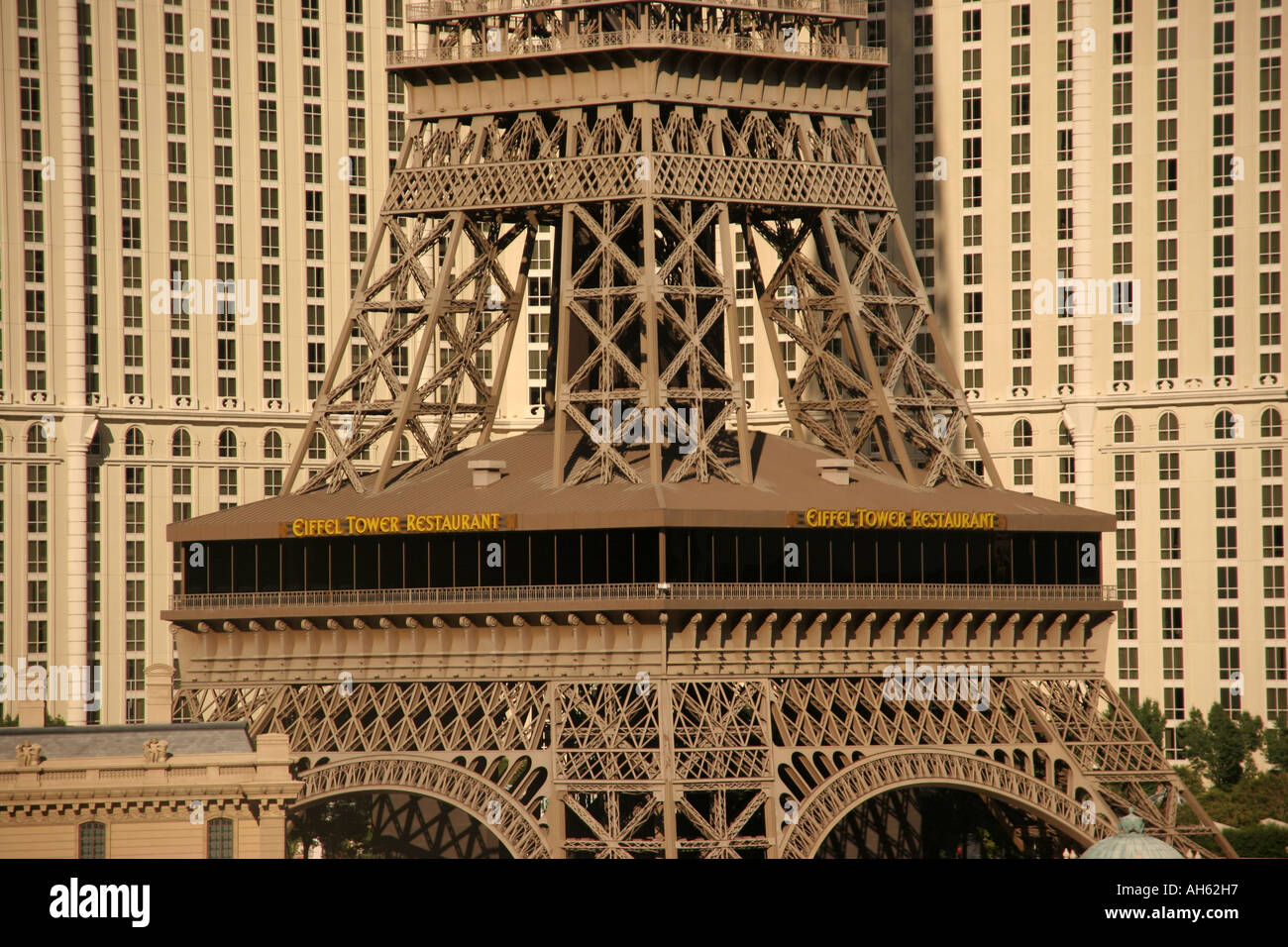 The smaller version of the Eiffel Tower outside of the Paris Hotel and Casino on The Strip in Las Vegas Stock Photo