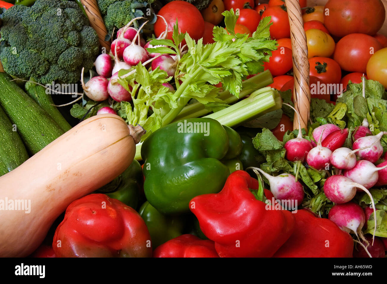 fruits and vegetables coming from cultivation of ecological agriculture celery radish tomato pepper pumpkin marrow brecol Stock Photo