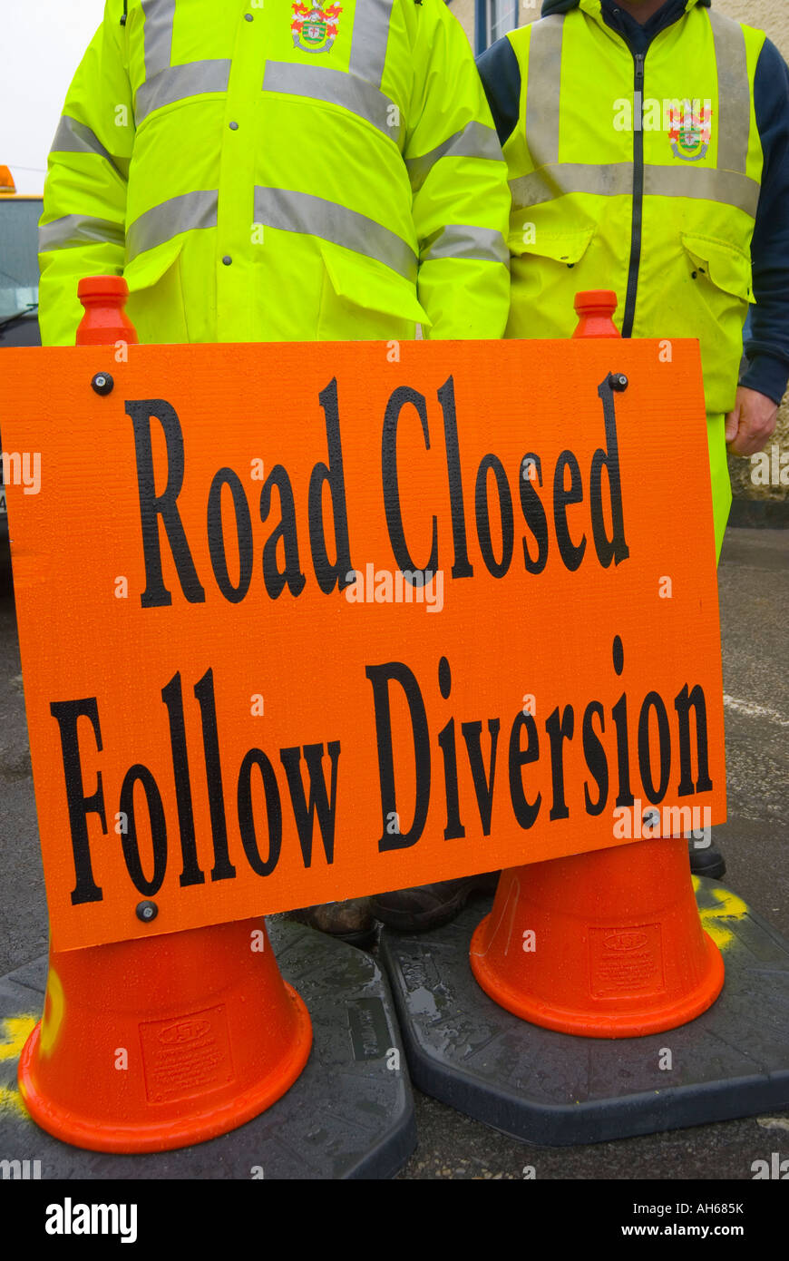 Ardara County Donegal Ireland Council workmen by a road closed sign during road repairs Stock Photo