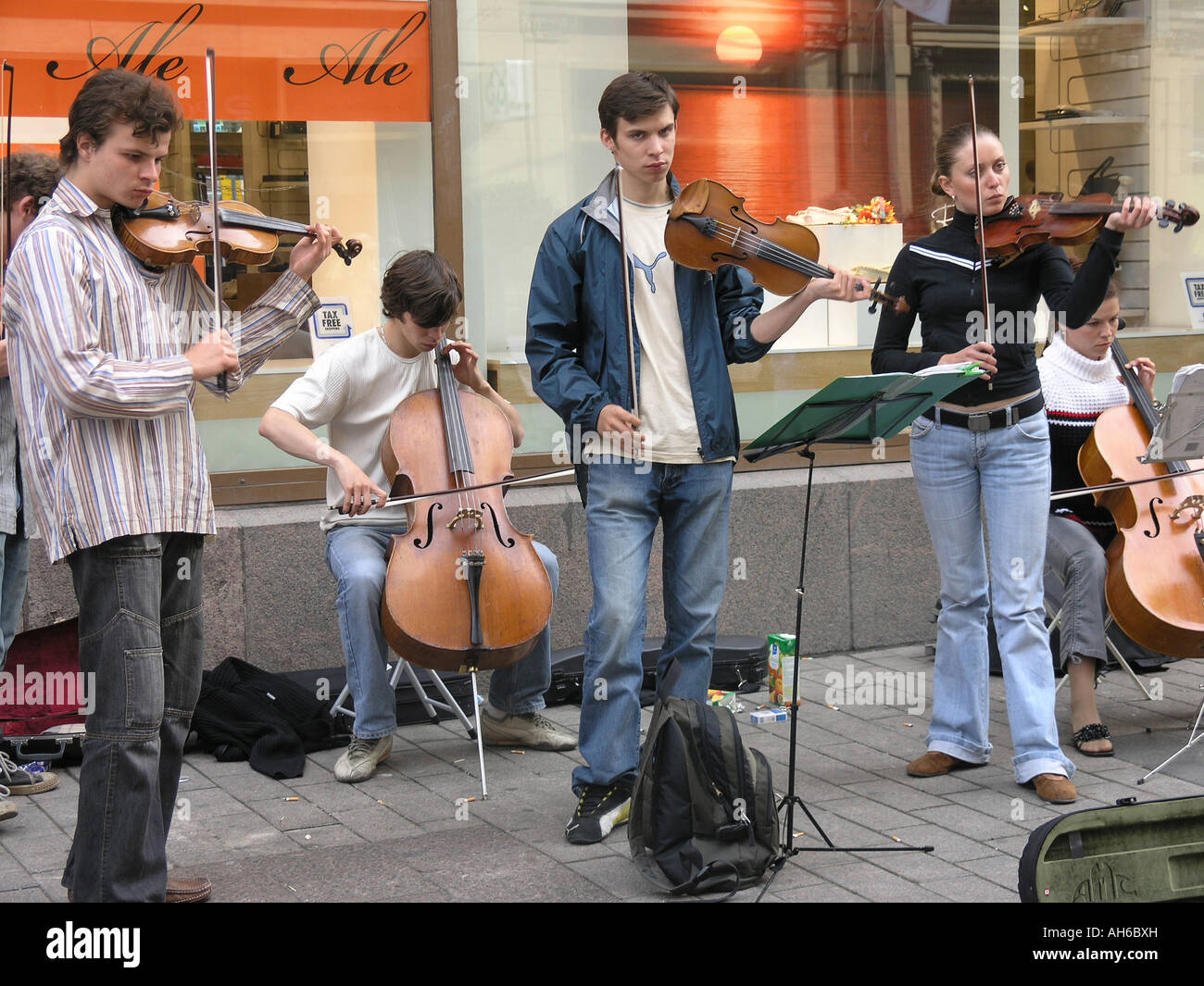 Street musicians in town centre Helsinki Finland Stock Photo