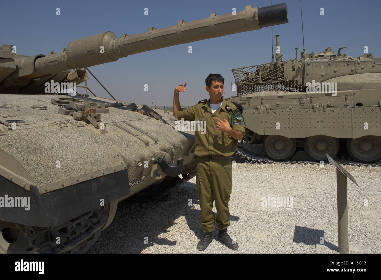Israel Latrun Armed Corps Memorial soldier presenting israeli tanks Merkava  Stock Photo