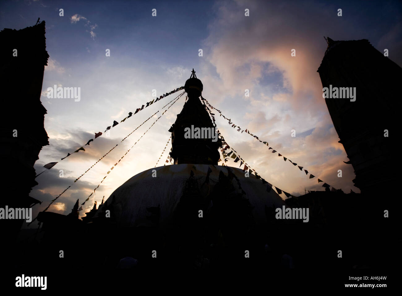 Silhouette of Swayambhunath stupa. Kathmandu, Nepal Stock Photo
