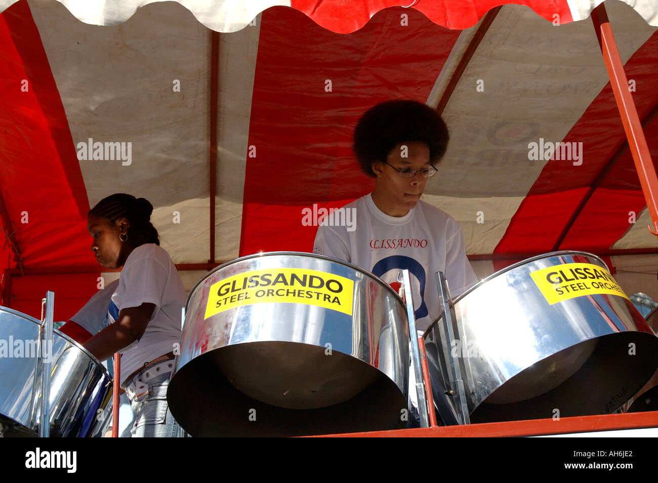 Musicians playing kettledrums at annual Notting Hill Carnival through